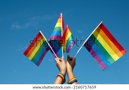 Rainbow flags showing in hands against clear bluesky, copy space, concept for calling all people to support and respcet the genger diversity, human rights and to celebrate lgbtq+ in pride month. Royalty-Free Stock Photo #2160717659