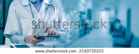 Medicine doctor working with digital medical interface icons on the hospital background, Medical technology and network concept.