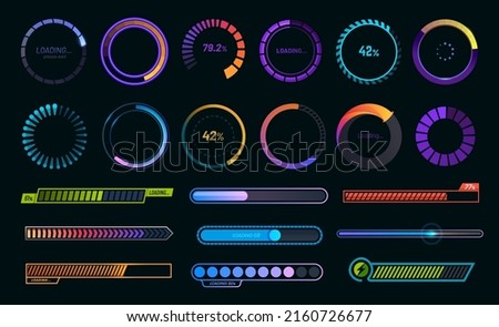 Loading progress bars, load or download and upload web icons, vector round graphs. Circle loaders and speed, status or loader percentage progress bars for website or internet page in neon gradient Royalty-Free Stock Photo #2160726677