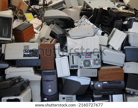 Old outdated computers ready to be recycled. Royalty-Free Stock Photo #2160727677