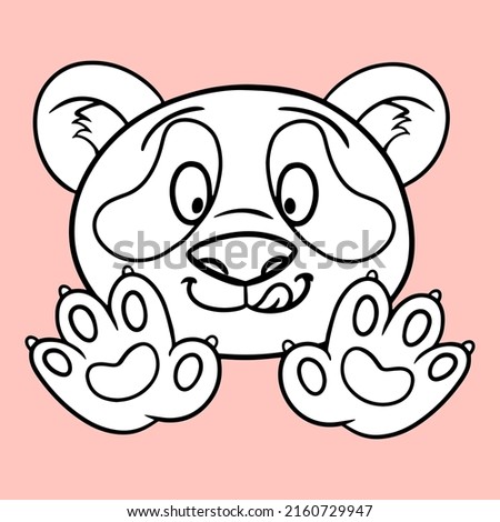 Monochrome picture, coloring book, Cute little panda with a tongue, cute fluffy pandas in cartoon style, vector illustration, on pink background