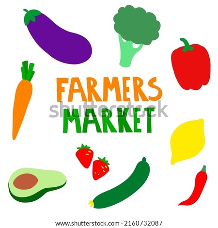 Set of farm products - eggplant, carrot, lemon, strawberry, avocado, pepper, broccoli, cucumber. Simple isolated illustration in flat, doodle style on a white background. Vector Royalty-Free Stock Photo #2160732087