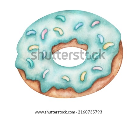 Watercolor illustration of hand painted brown donut with blue icing, sprinkles. Sweet food. Dessert doughnut for cafes, restaurants. Isolated clip art for packaging, textile print, menu, advertisement