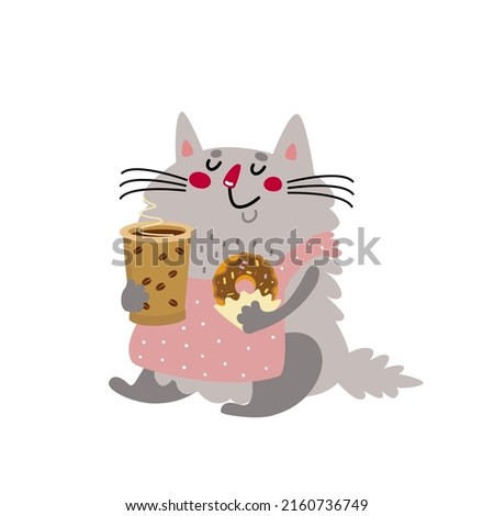 Cute cat with paper cup of coffee and donut. Funny fat kitten in apron has a breakfast. Happy pet holding hot drink and cookie. Cartoon kids character. Hand drawn vector illustration, flat design