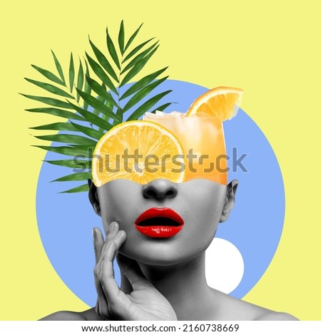 Woman with orange juice and green leaves in head on colorful background. Summer party concept. Stylish creative collage design Royalty-Free Stock Photo #2160738669