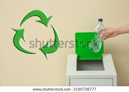 Illustration of recycling symbol and woman throwing empty plastic bottle into trash bin on beige background, closeup