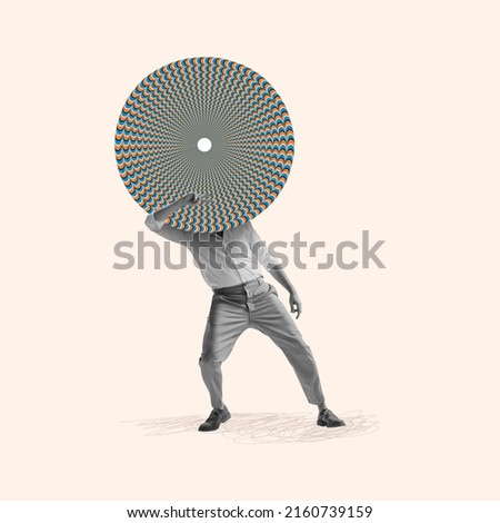 Contemporary art collage. Dancing man with optical illusion design circle instead head symbolizing cycle of events in life. Diversity of opinion. Concept of psychology, artwork, emotions, human rights