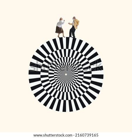 Timeless retro dance. Contemporary art collage. Happy elderly couple of dancers dancing on huge circle with optical illusion pattern, design. Concept of creativity, love, imagination, relationship Royalty-Free Stock Photo #2160739165