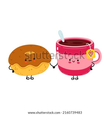 Cute happy cup of tea and chocolate donut card. Vector hand drawn doodle style cartoon character illustration icon design. Cute happy cup of tea and chocolate donut friends concept card Royalty-Free Stock Photo #2160739483