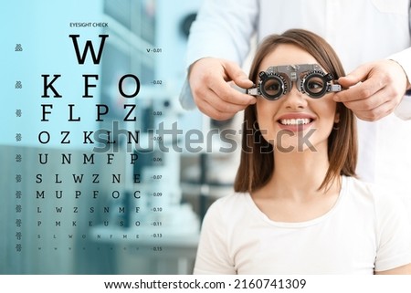 Collage with eye test chart and ophthalmologist examining young woman in clinic Royalty-Free Stock Photo #2160741309