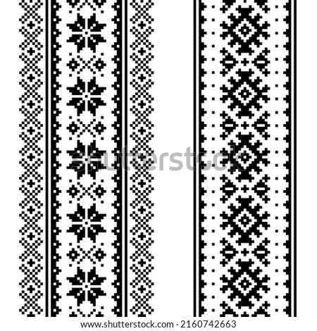 Winter vector seamless pattern set - two Christmas vertical designs, Sami people, Lapland folk art design, traditional knitting and embroidery in black and white. Nordic, Scandinavian retro monochrome