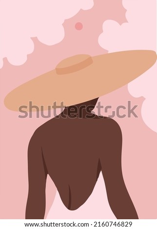 Beautiful  woman in the yellow hat with a wide brim. Black strong girl on pink background,  back view. Vector illustration