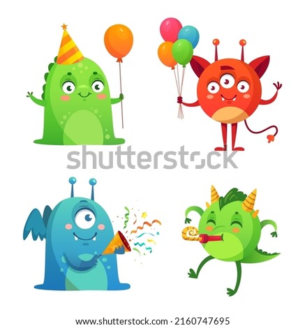 Cute monster happy birthday with gifts box. Vector monster birthday party, cute colorful cartoon gift illustration
