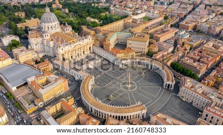 Aerial view of Papal Basilica of Saint Peter in the Vatican located in Rome, Italy, before a weekly general audience. It's the most important and largest church in the world and residence of the Pope. Royalty-Free Stock Photo #2160748333