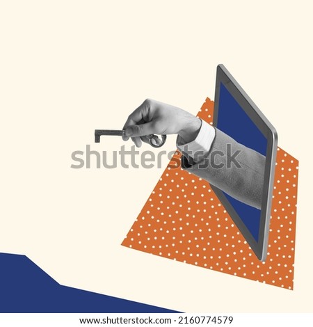 Contemporary art collage. Human hand sticking out tablet screen with key symbolizing personal data security. Web site developer. Concept of business, privacy, secure information. Conceptual design