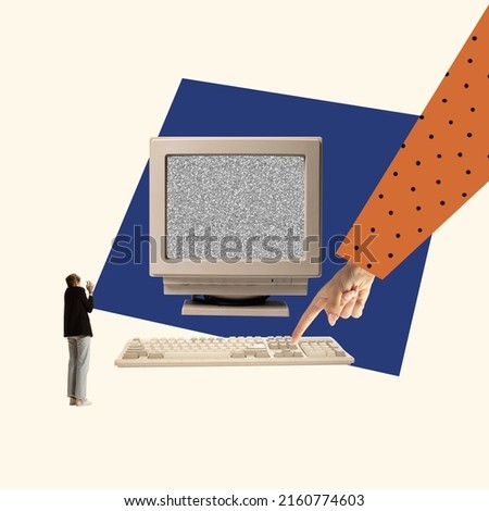 Contemporary art collage. Business woman, employee standing in front of giant retro computer, having mistakes in project. Concept of business, career development, abstract art, management Royalty-Free Stock Photo #2160774603