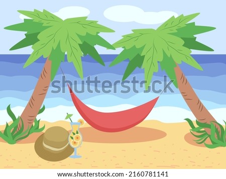 Beach chaise longue under palm tree. Summer vacation in tropics. Cartoon