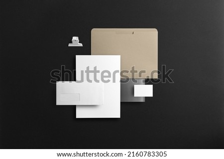 Black branding stationery mockup template, with trendy reeded glass elements, real photo, folder, letterhead, business card, envelope. Blank isolated on a black background to place your design
