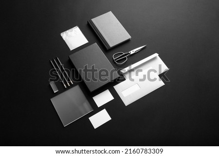 Black branding stationery mockup template, with trendy reeded glass elements, real photo, notebook, packaging, business card, envelope. Blank isolated on a black background to place your design