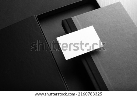 Black branding stationery mockup template, with trendy reeded glass elements, real photo, notebook, packaging, business card. Blank isolated on a black background to place your design
