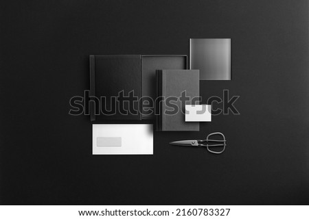 Black branding stationery mockup template, with trendy reeded glass elements, real photo, notebook, packaging, business card, envelope. Blank isolated on a black background to place your design