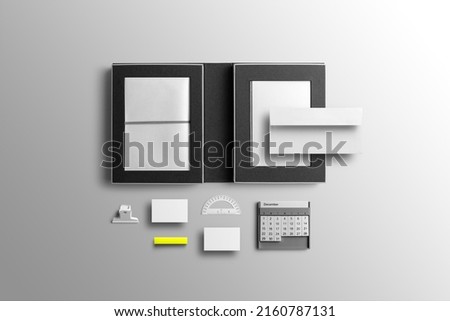 Branding stationery clean mockup template, real photo, booklet, folder, notebook, business card, envelope. Blank isolated on white background to place your design. 