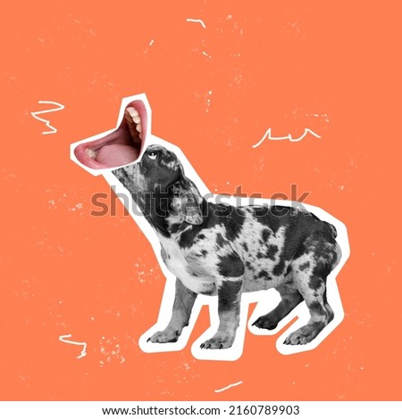 Contemporary art collage. French Bulldog with open human mouth element isolated over orange background. Funny design. Concept of modern design, surrealism, fun, creativity, inspiration, emotion
