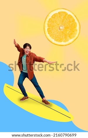 Vertical creative image of carefree positive person surfing orange instead sun isolated on drawing background