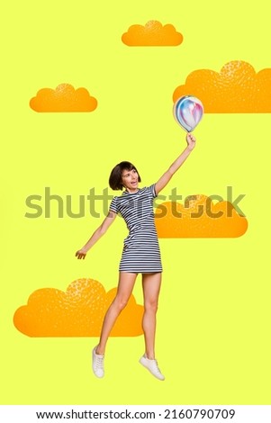 3d retro abstract creative artwork template collage of funny funky lady flying ballon citrus clouds isolated yellow color background