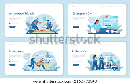 Ambulance web banner or landing page set. Emergency doctor in the uniform performing first aid. Paramedics urgent care. Healthcare, modern medicine treatment. Flat vector illustration Royalty-Free Stock Photo #2160798343