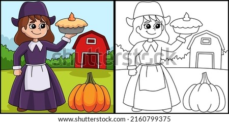 Thanksgiving Pilgrim Girl Holding Pie Illustration