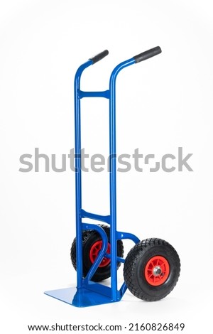 Blue 2-wheel trolley, with rubber wheels, on the white background