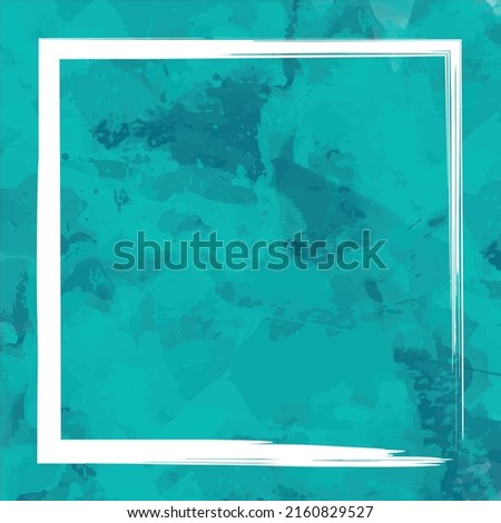 Turquoise marbled watercolor painting background with a square frame of white paint, ideal for an invitation card