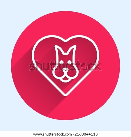 White line Heart with dog icon isolated with long shadow background. Pet paw in heart. Love to the animals. Red circle button. Vector