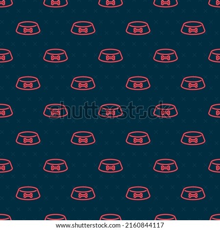 Red line Pet food bowl for cat or dog icon isolated seamless pattern on black background. Dog or cat paw print.  Vector