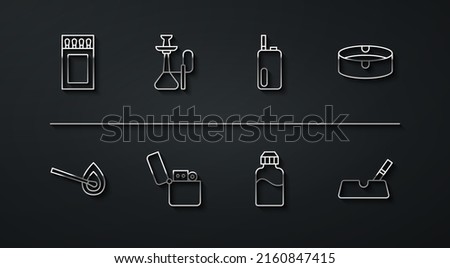 Set line Matchbox and matches, Burning with fire, Ashtray, Vape liquid bottle, Lighter, Hookah, cigarette and Electronic icon. Vector