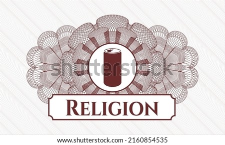 Red passport rosette. Vector Illustration. Detailed with soda can icon and Religion text inside