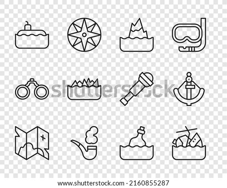 Set line Pirate treasure map, Sinking cruise ship, Iceberg, Smoking pipe, Submarine, Sharp stone reefs, Bottle with message water and Anchor icon. Vector
