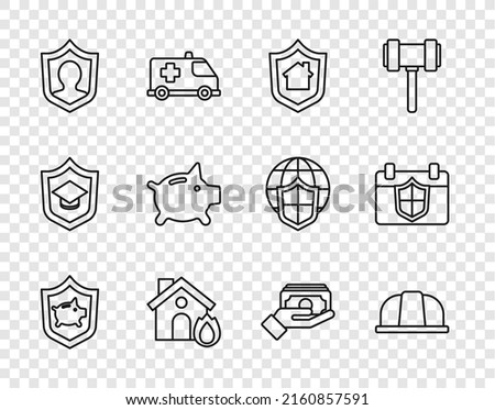 Set line Piggy bank with shield, Worker safety helmet, House, Fire in burning house, Life insurance, Stacks paper money cash and Calendar icon. Vector