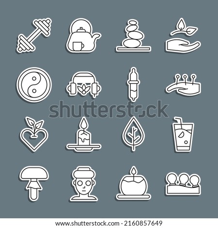 Set line Vacuum cans, Fresh smoothie, Acupuncture therapy, Stack hot stones, Headphones for meditation, Yin Yang, Dumbbell and Pipette icon. Vector