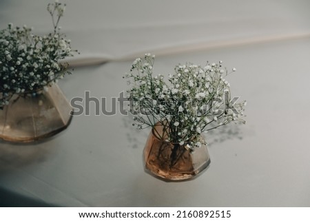 Small branches of gypsophila in a transparent orange vase stand on a table against a light background.
