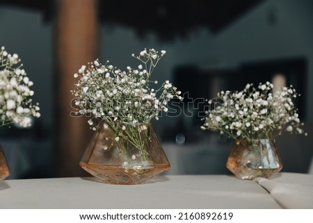 Small branches of gypsophila in a transparent orange vase stand on a table against a dark background.