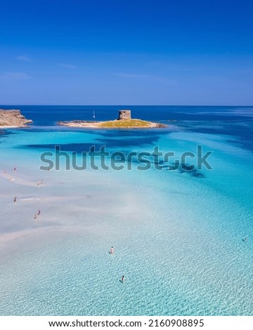 View from a drone of the beach La Pelosa in Stintino - north sardinia. Royalty-Free Stock Photo #2160908895