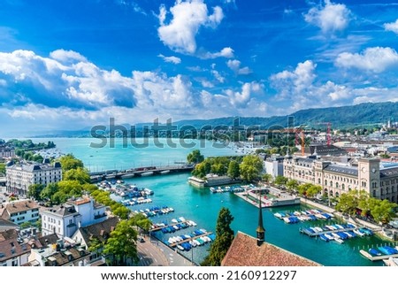 Aerial view of Zurich city center and lake Zurich, Switzerland. High quality photo Royalty-Free Stock Photo #2160912297