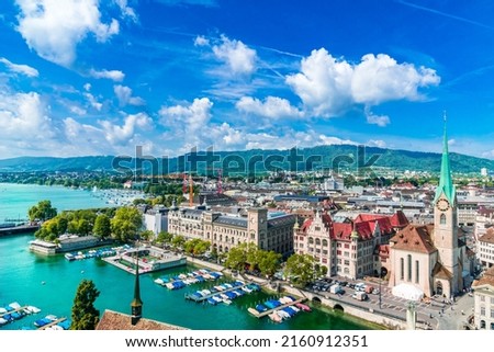 Aerial view of Zurich city center and lake Zurich, Switzerland. High quality photo Royalty-Free Stock Photo #2160912351