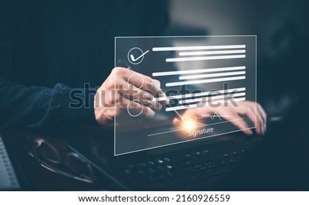 Signing electronic documents on digital documents Online, businessman with contract Electronic signature, e-signing, digital document management, paperless office, signing business contract concept,