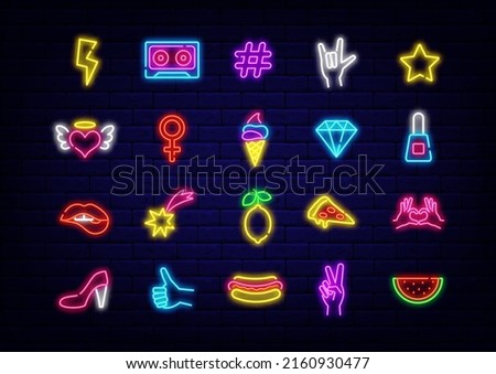 Pop art neon icons collection. Ice cream and pizza. Watermelon, star and hands. Summer signboard. Cute symbols for bar, cafe and shop. Editable stroke. Vector stock illustration Royalty-Free Stock Photo #2160930477