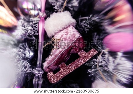 Pink ice skate velvet, fur and pearls Christmas original hanging bauble decoration on black bg