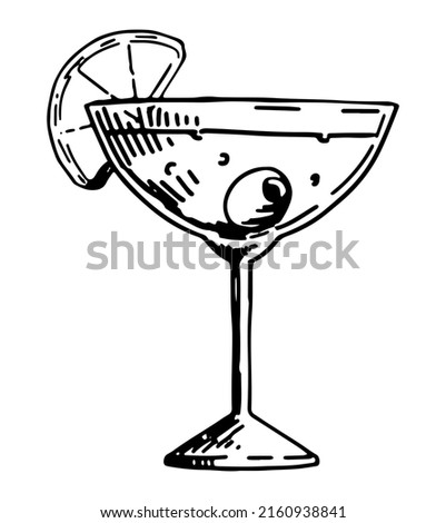 Elegant cocktail with lemon. Doodle clipart of beverage in glass isolated on white. Hand drawn vector illustration in engraving style.