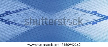 Double exposure of corrugated wall.  Closeup photo resembling abstract modern architecture, ceiling or roof of hi-tech building. Structure of industrial real estate object. Polygonal geometric pattern